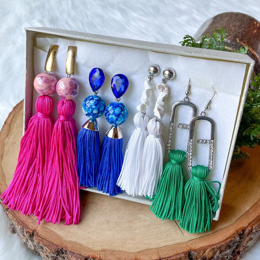 Set of 4 Tassel Earrings Gold Silver Dangle Statement Pink Blue White Green Bead